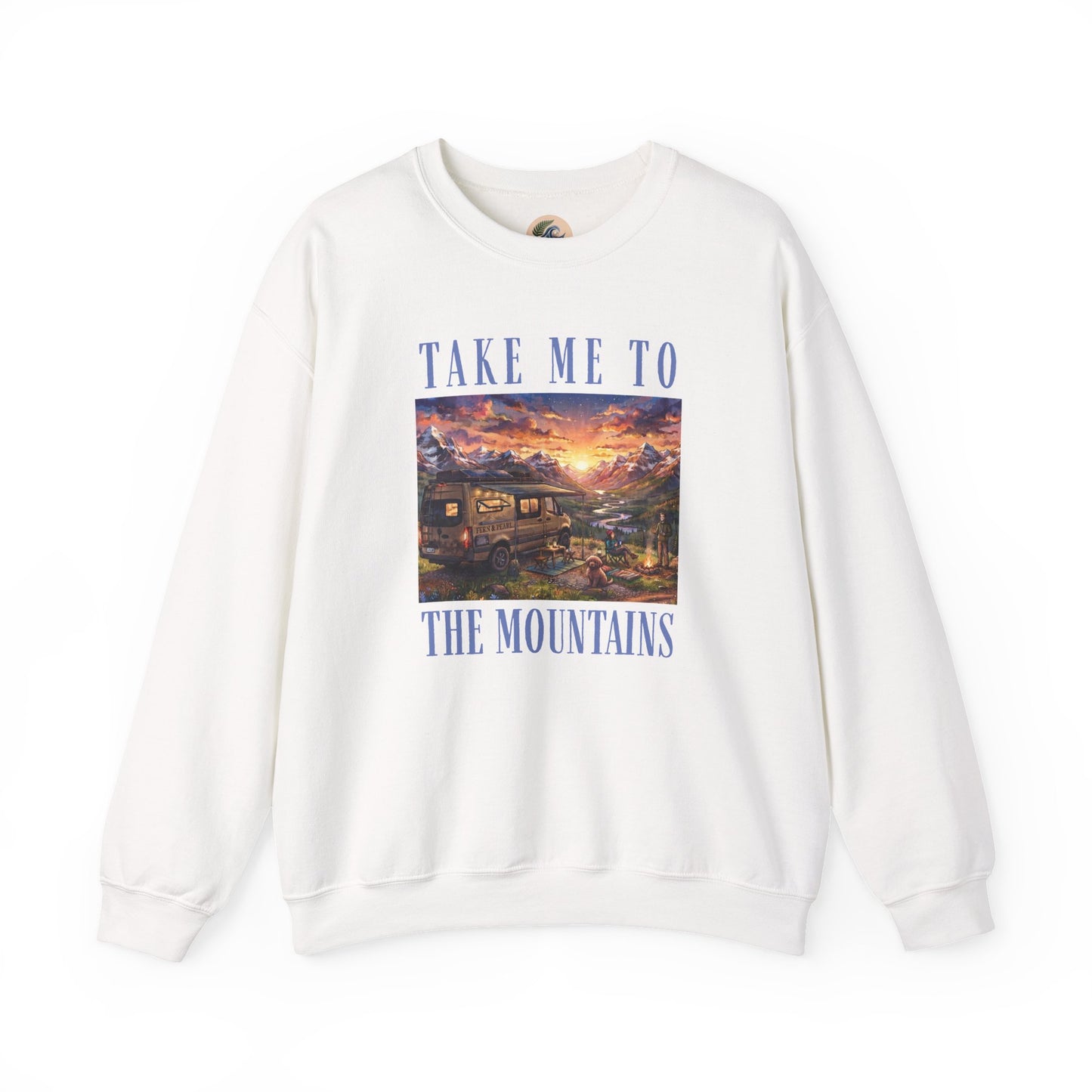 Take Me To The Mountains Sunset Crewneck Sweatshirt — Scenic Cabin Mountain Graphic