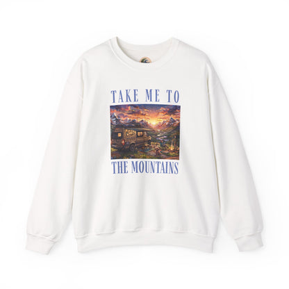 Take Me To The Mountains Sunset Crewneck Sweatshirt — Scenic Cabin Mountain Graphic