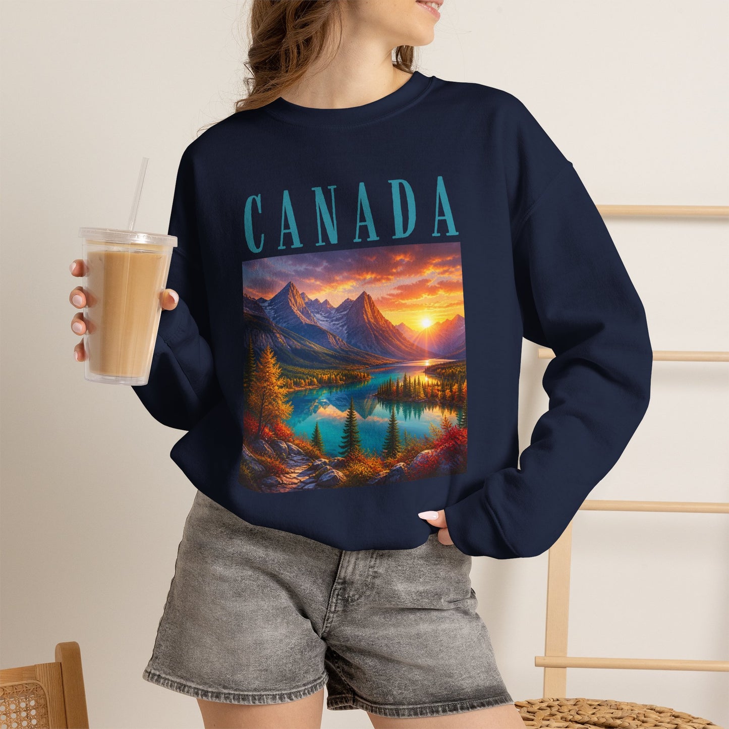 Canada Banff Scenic Crewneck Sweatshirt — Mountain Lake Sunset Graphic