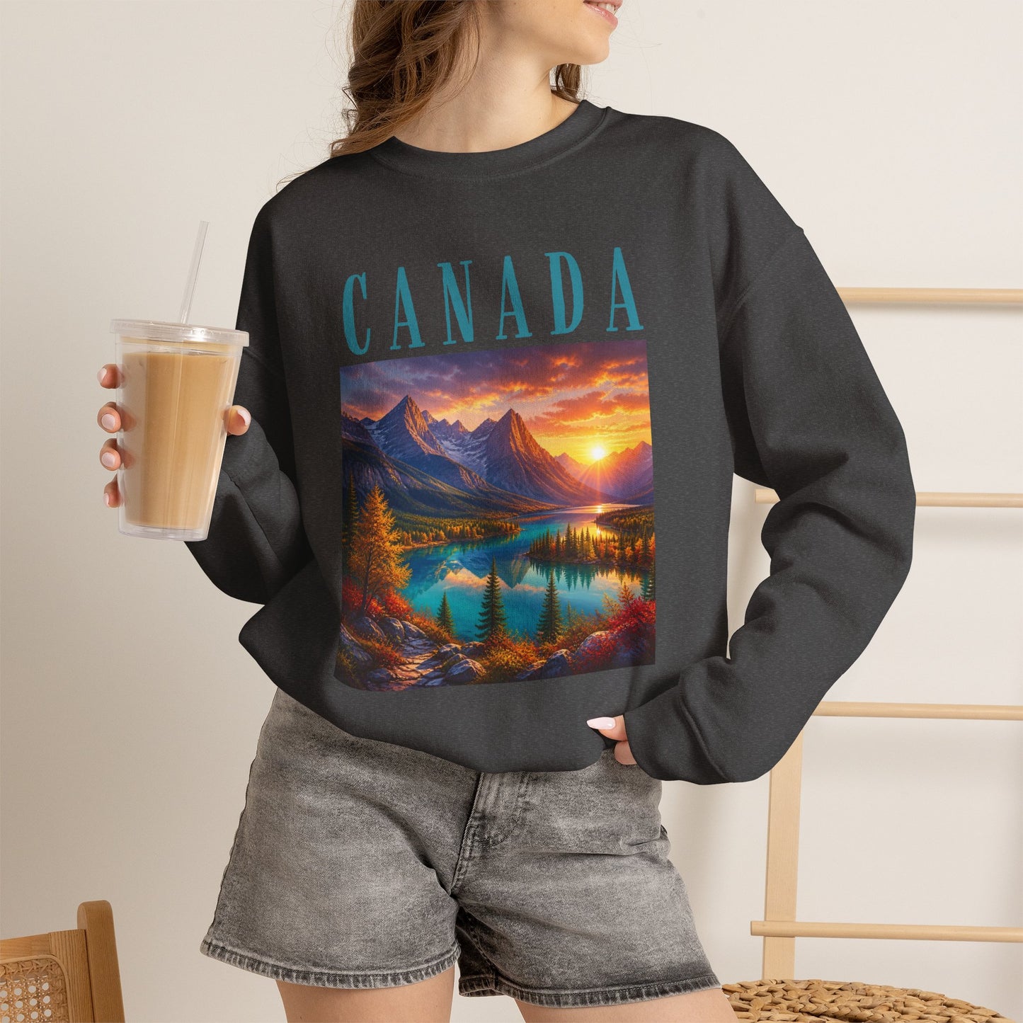 Canada Banff Scenic Crewneck Sweatshirt — Mountain Lake Sunset Graphic
