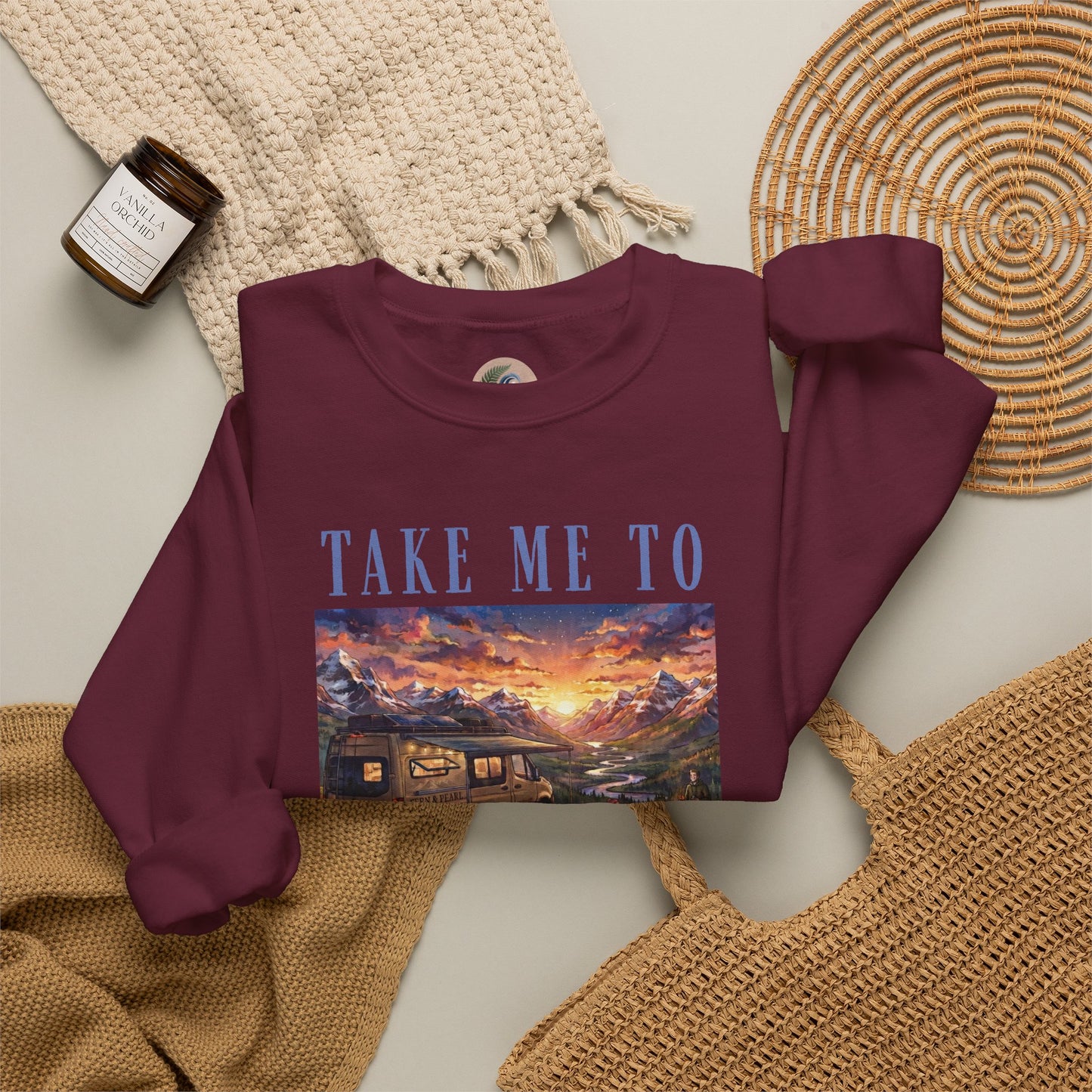 Take Me To The Mountains Sunset Crewneck Sweatshirt — Scenic Cabin Mountain Graphic