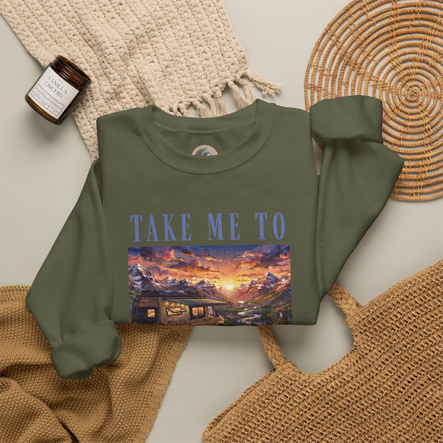 Take Me To The Mountains Sunset Crewneck Sweatshirt — Scenic Cabin Mountain Graphic