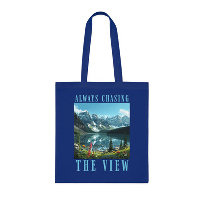Always Chasing The View Cotton Tote — Scenic Mountain Lake Oeschinese Travel Tote