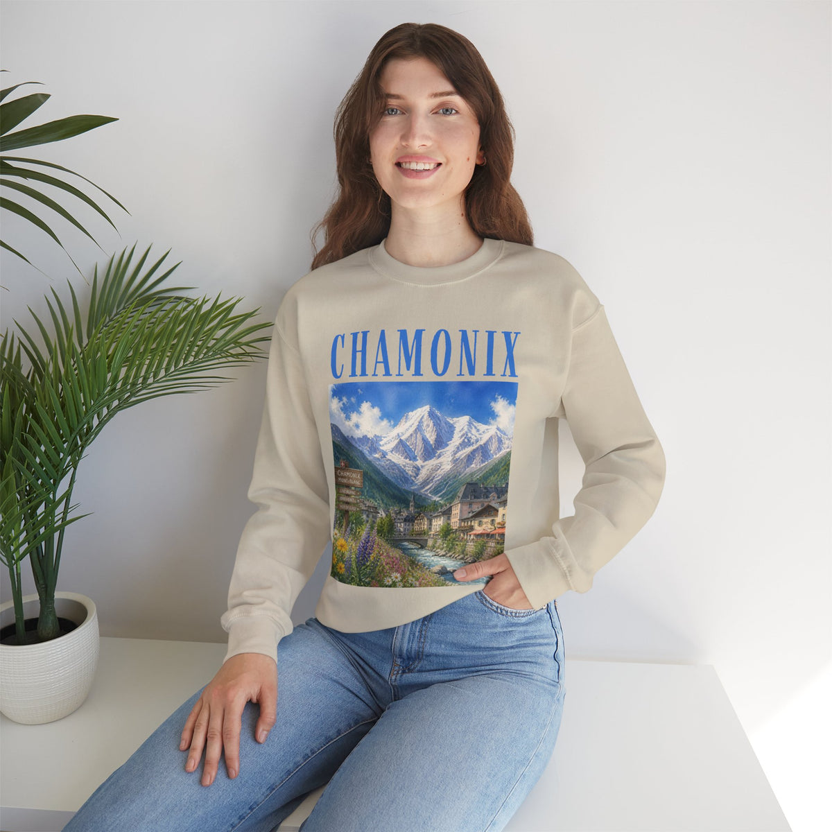 Chamonix Mountain Crewneck Sweatshirt — Alpine Scenic Graphic