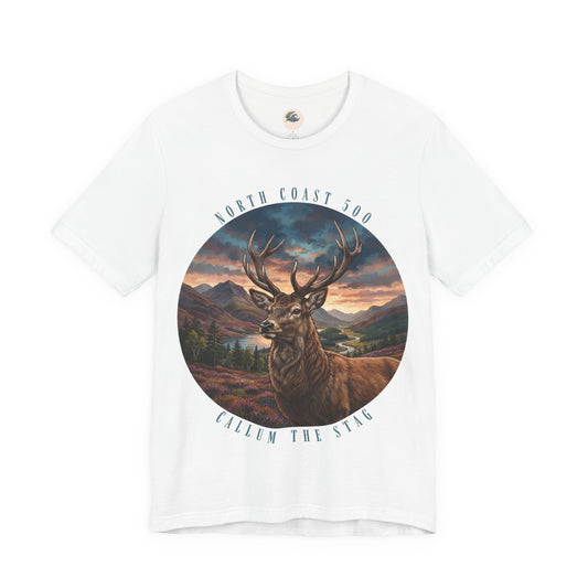 Stag Sunset NC500 Tee — 'Callum The Stag' Mountain Deer Graphic T-Shirt