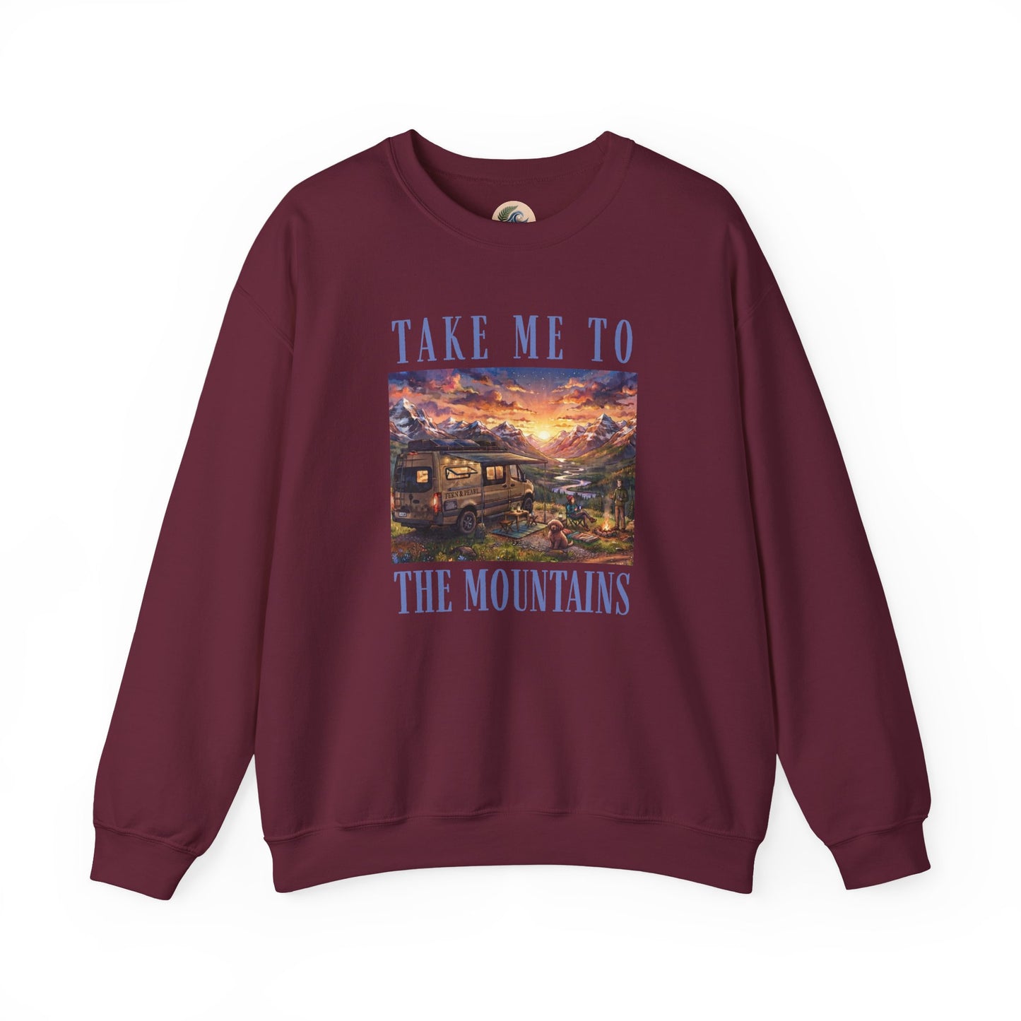 Take Me To The Mountains Sunset Crewneck Sweatshirt — Scenic Cabin Mountain Graphic