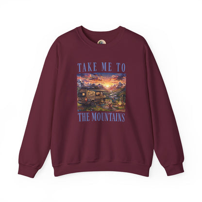 Take Me To The Mountains Sunset Crewneck Sweatshirt — Scenic Cabin Mountain Graphic