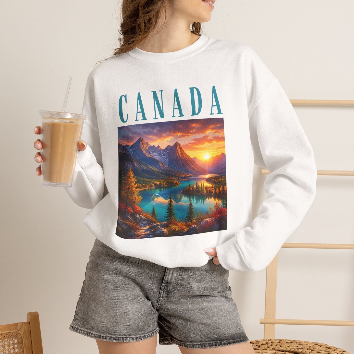 Canada Banff Scenic Crewneck Sweatshirt — Mountain Lake Sunset Graphic