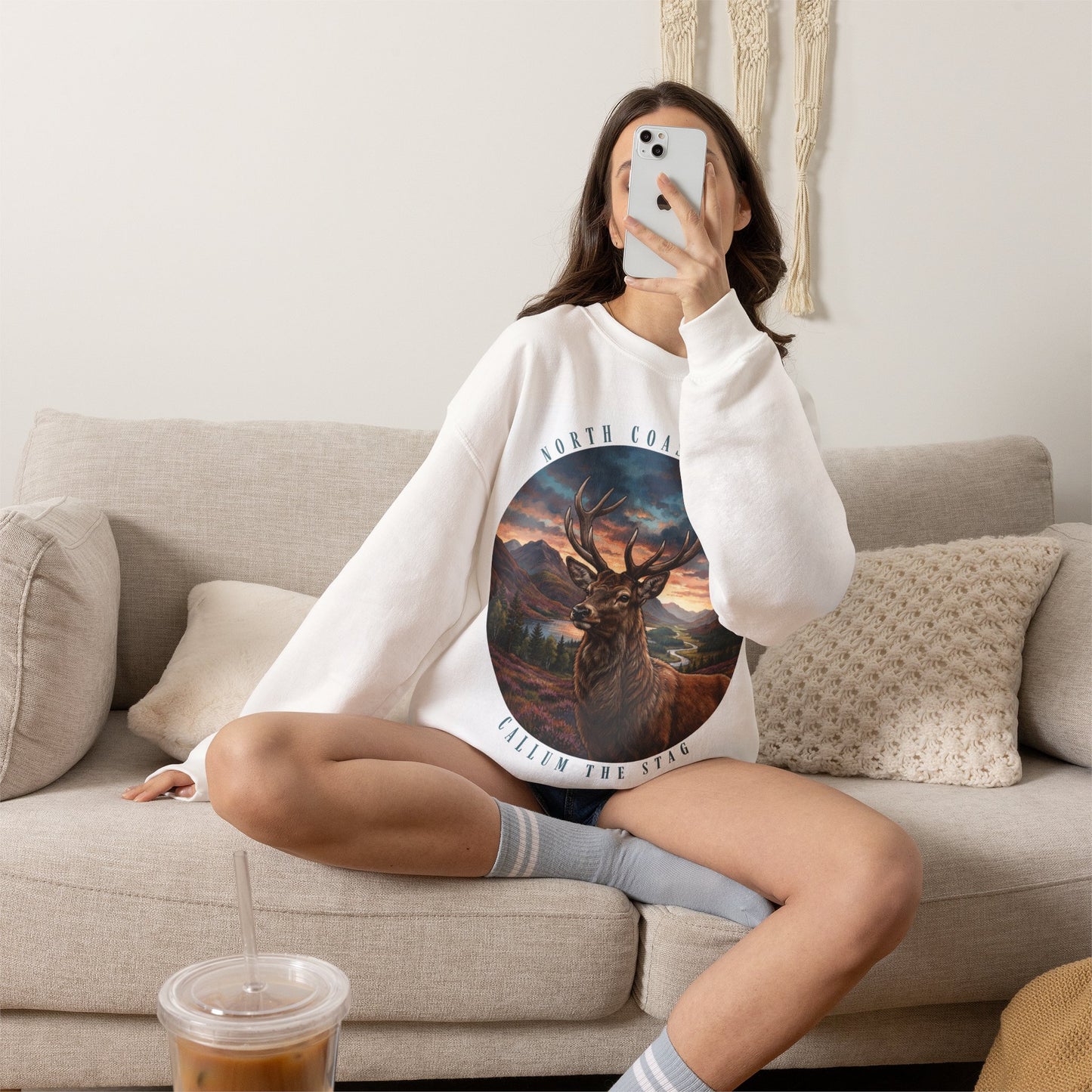 Crewneck Sweatshirt — 'Callum the Stag' North Coast 500 Scenic Deer Graphic