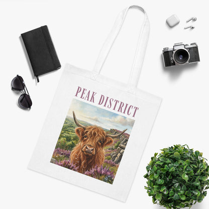 Peak District Highland Cow Tote Bag – Scenic Cotton Shopper with 'Peak District' Text