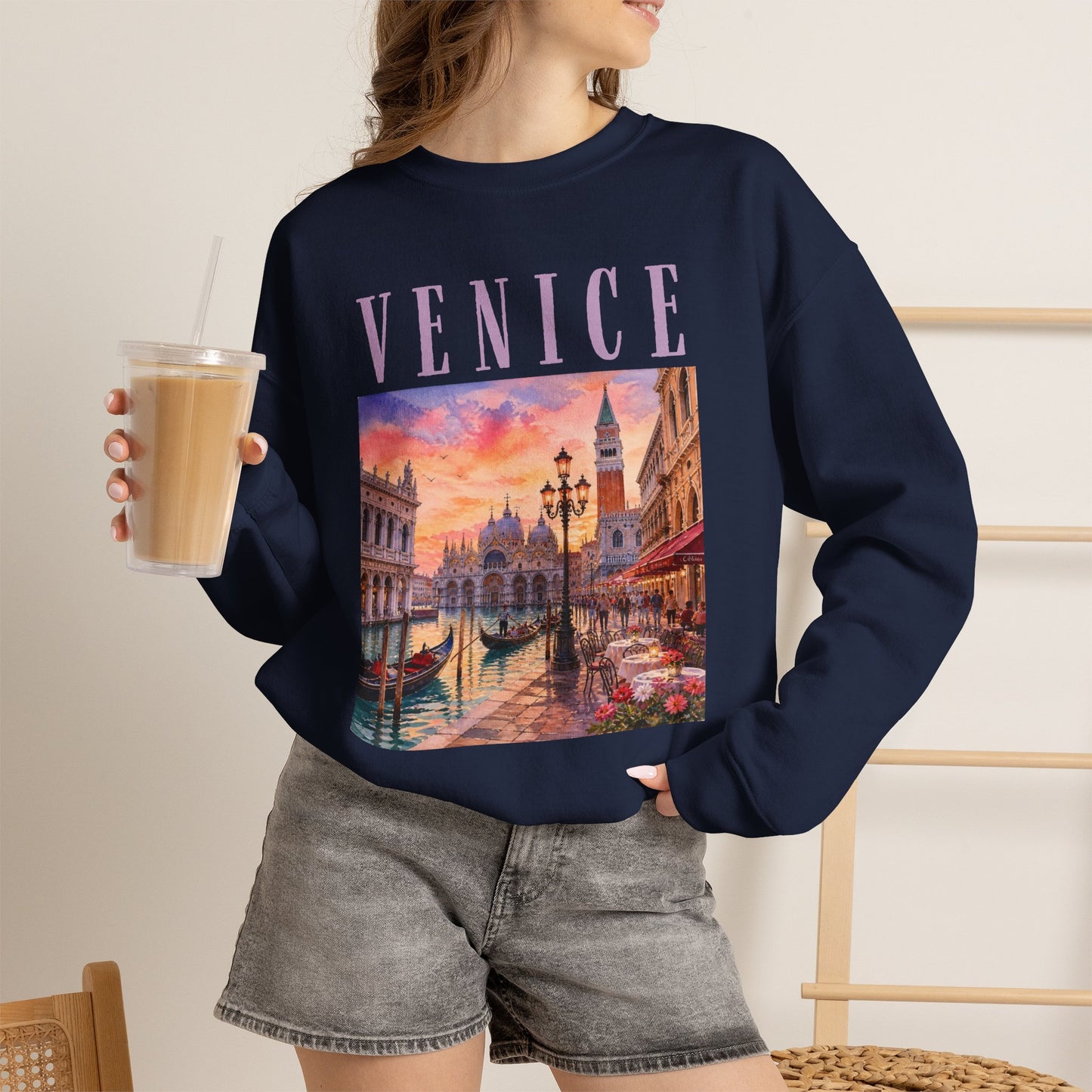 Venice Sunset Crewneck Sweatshirt — Vintage Canal Travel Graphic