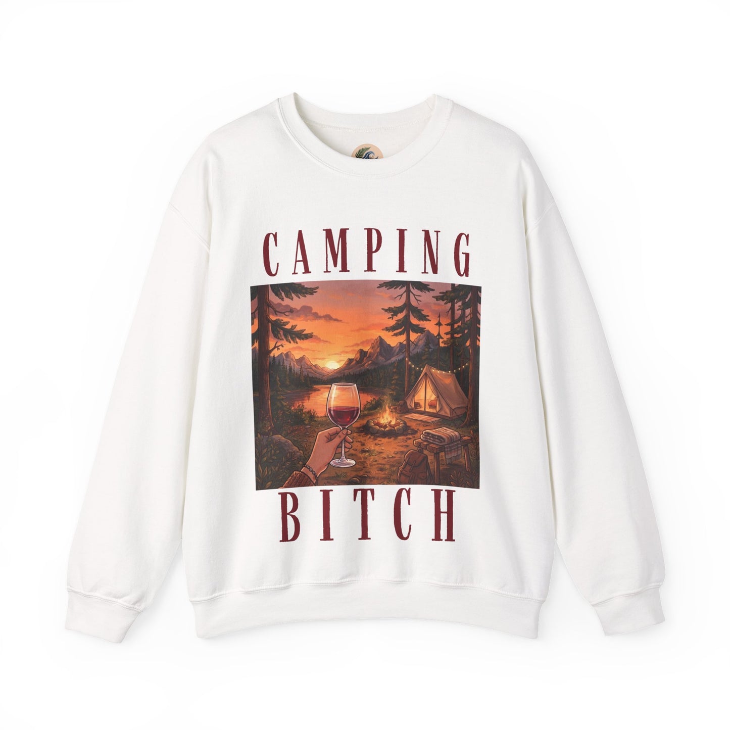 Camping Bitch Crewneck Sweatshirt — Vintage Campsite Graphic & Wine Glass