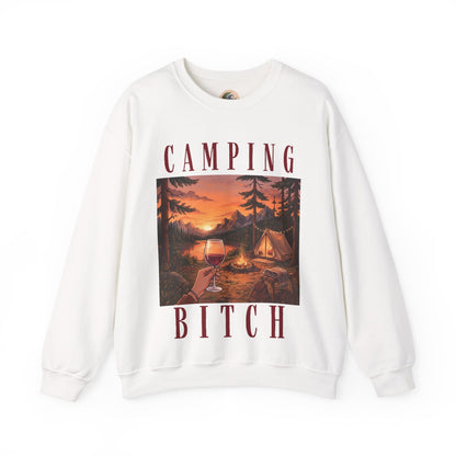 Camping Bitch Crewneck Sweatshirt — Vintage Campsite Graphic & Wine Glass