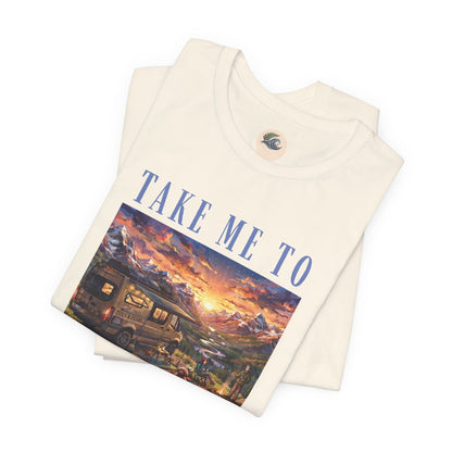 Take Me to the Mountains Sunset Tee — Scenic Cabin Sunset Graphic T-Shirt