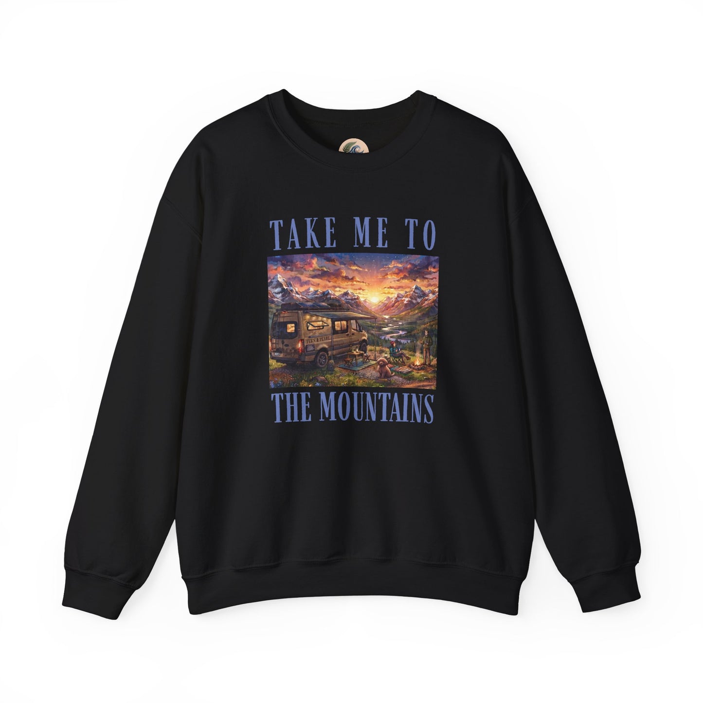 Take Me To The Mountains Sunset Crewneck Sweatshirt — Scenic Cabin Mountain Graphic