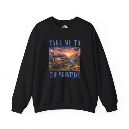 Take Me To The Mountains Sunset Crewneck Sweatshirt — Scenic Cabin Mountain Graphic