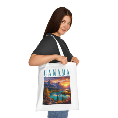 Canada Scenic Tote Bag — Mountain Lake Sunset Cotton Tote for Travel, Souvenir & Gift