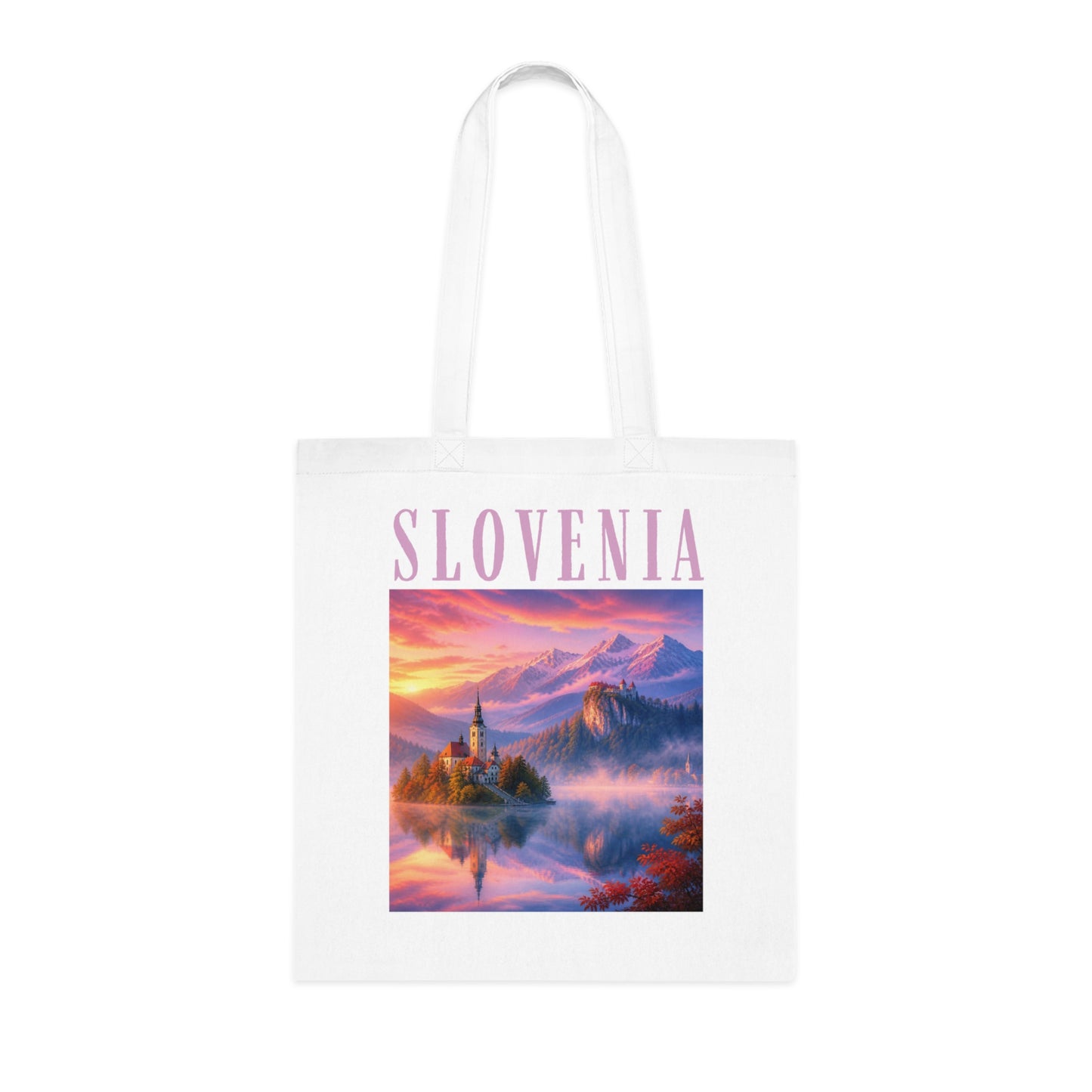 Slovenia Scenic Cotton Tote Bag — Sunset Lake Mountain Travel Souvenir