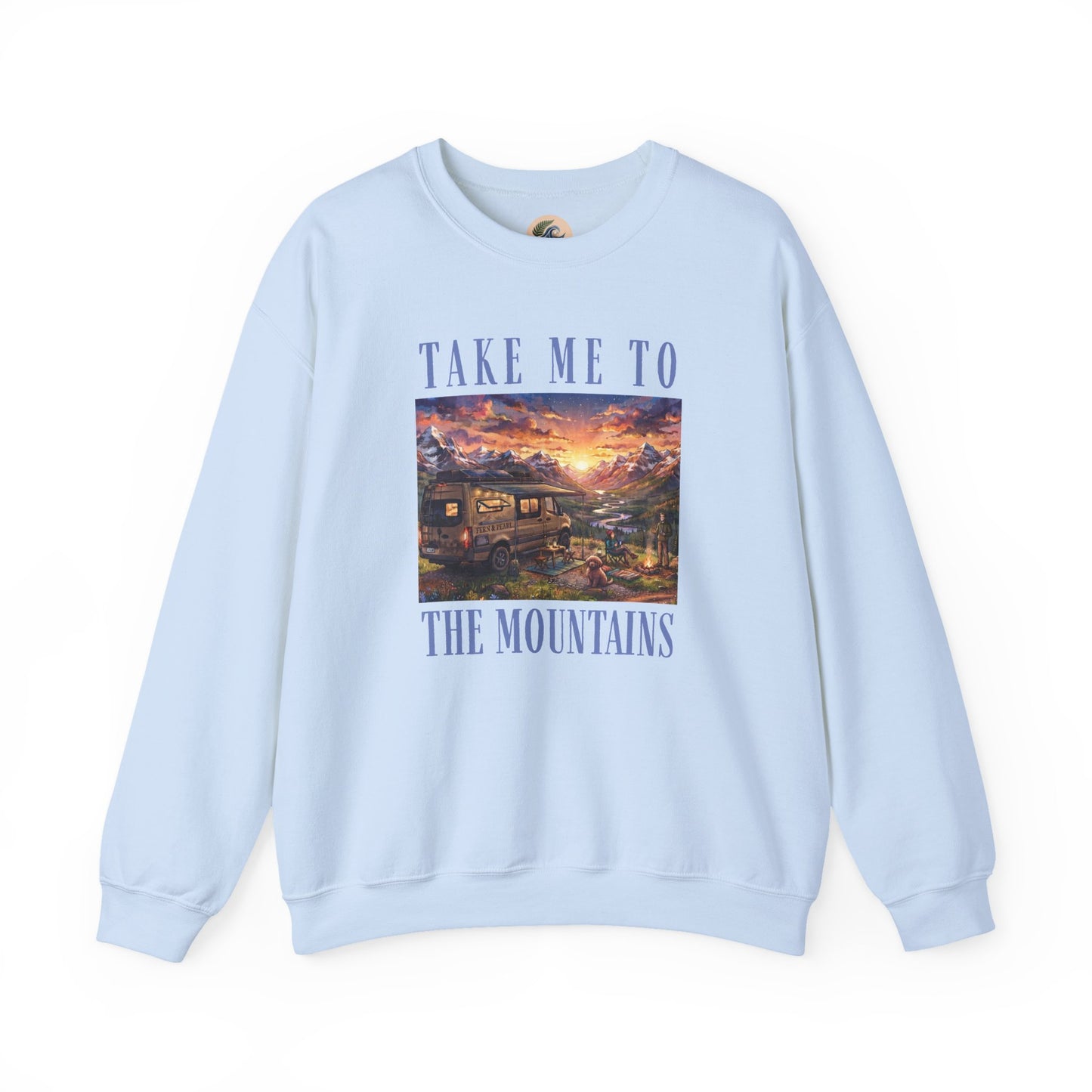 Take Me To The Mountains Sunset Crewneck Sweatshirt — Scenic Cabin Mountain Graphic
