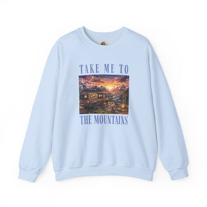 Take Me To The Mountains Sunset Crewneck Sweatshirt — Scenic Cabin Mountain Graphic