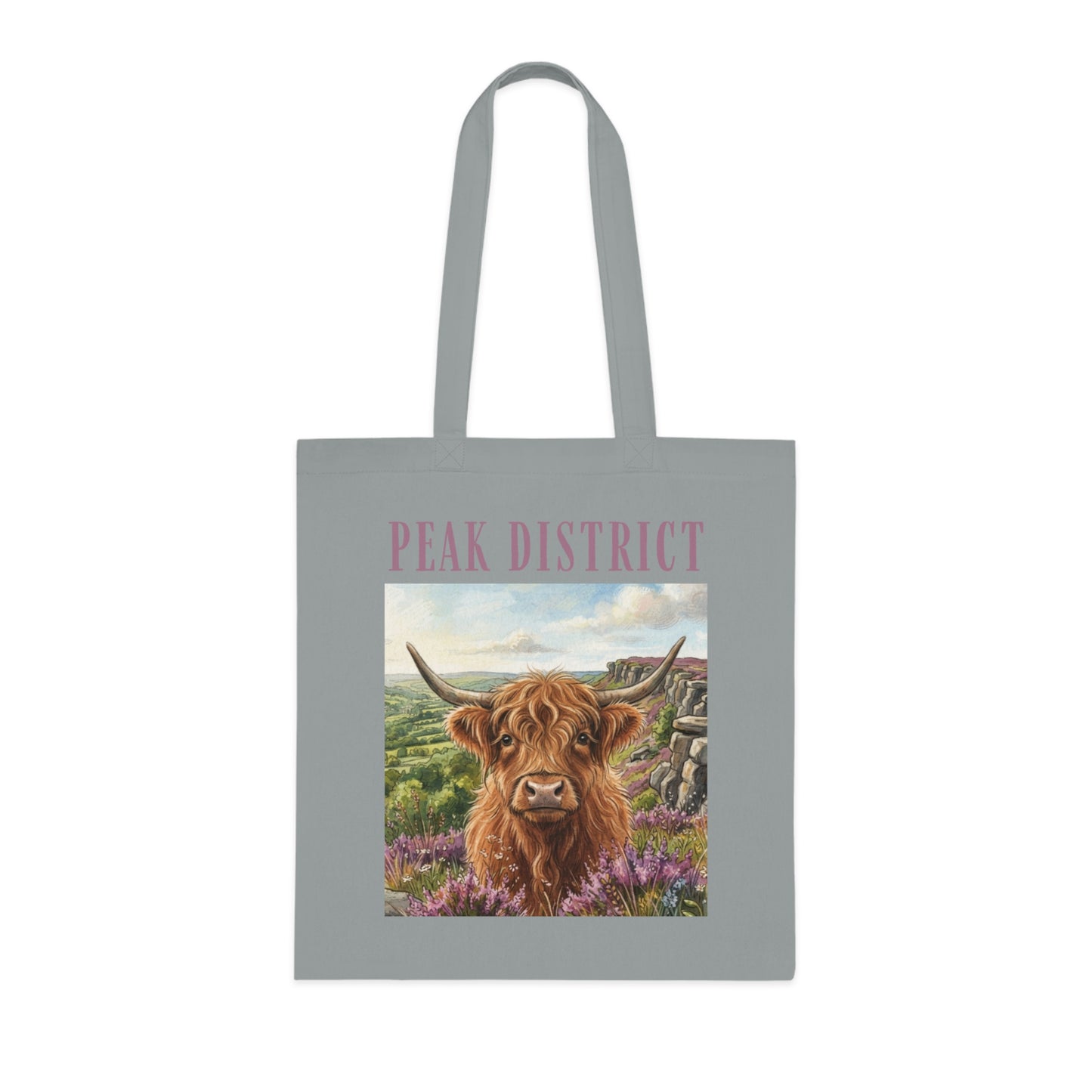 Peak District Highland Cow Tote Bag – Scenic Cotton Shopper with 'Peak District' Text