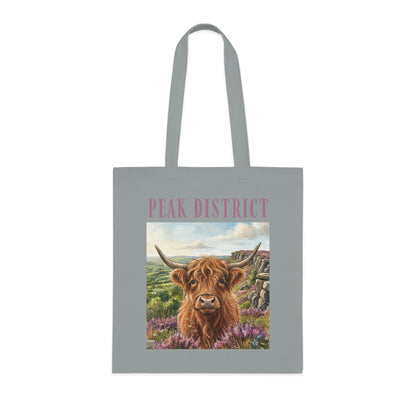 Peak District Highland Cow Tote Bag – Scenic Cotton Shopper with 'Peak District' Text