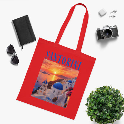 Santorini Sunset Cotton Tote Bag — Greek Island Travel Beach Tote
