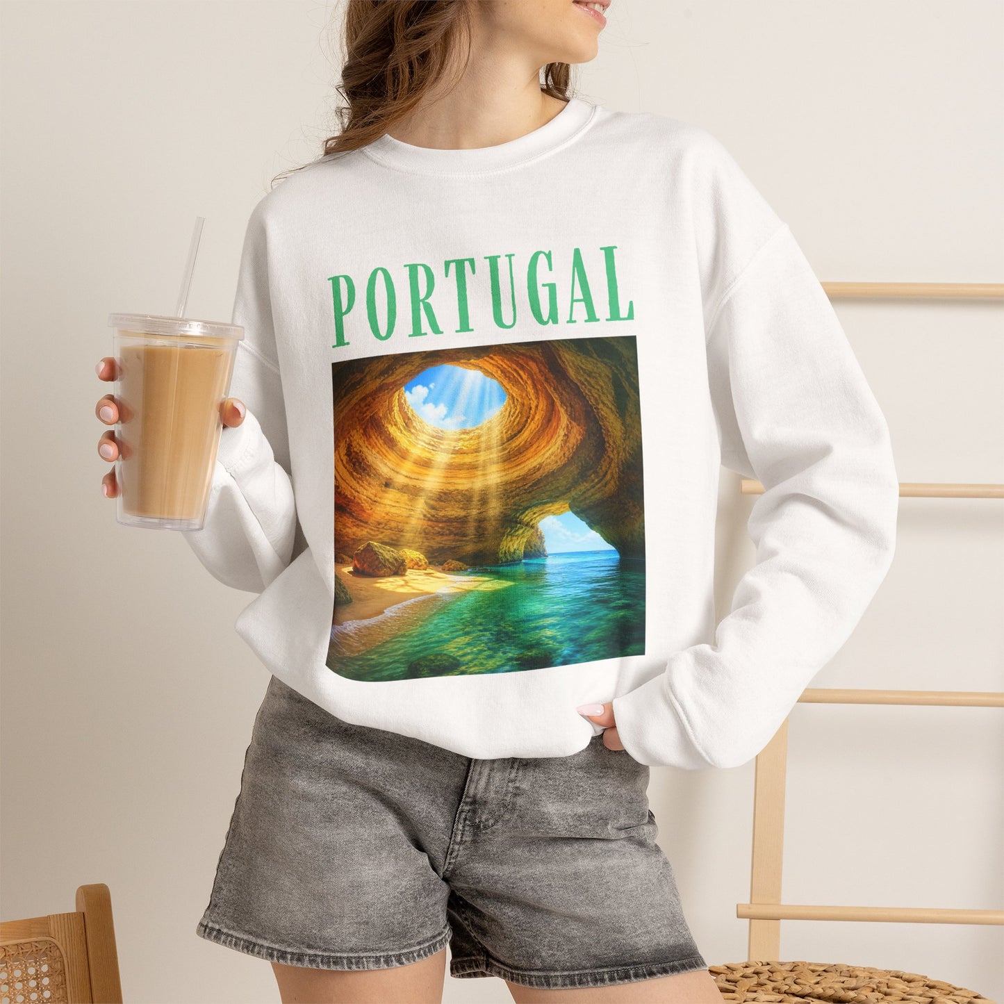 Portugal Benagil Cave Crewneck Sweatshirt — Coastal Travel Graphic Pullover