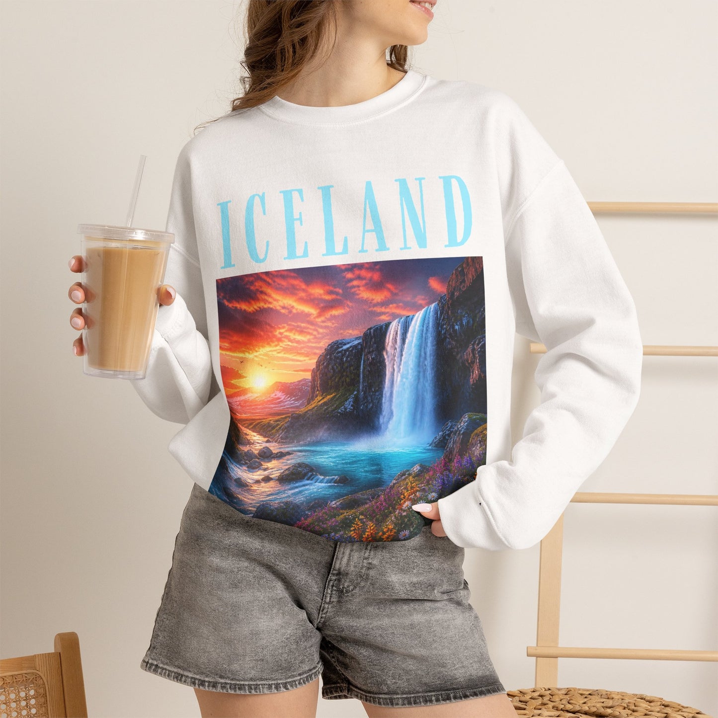Iceland Waterfall Crewneck Sweatshirt — Scenic Sunset Travel Pullover