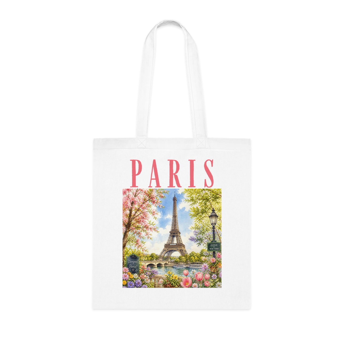 Paris Floral Tote Bag — Eiffel Tower Springtime Canvas Cotton Tote