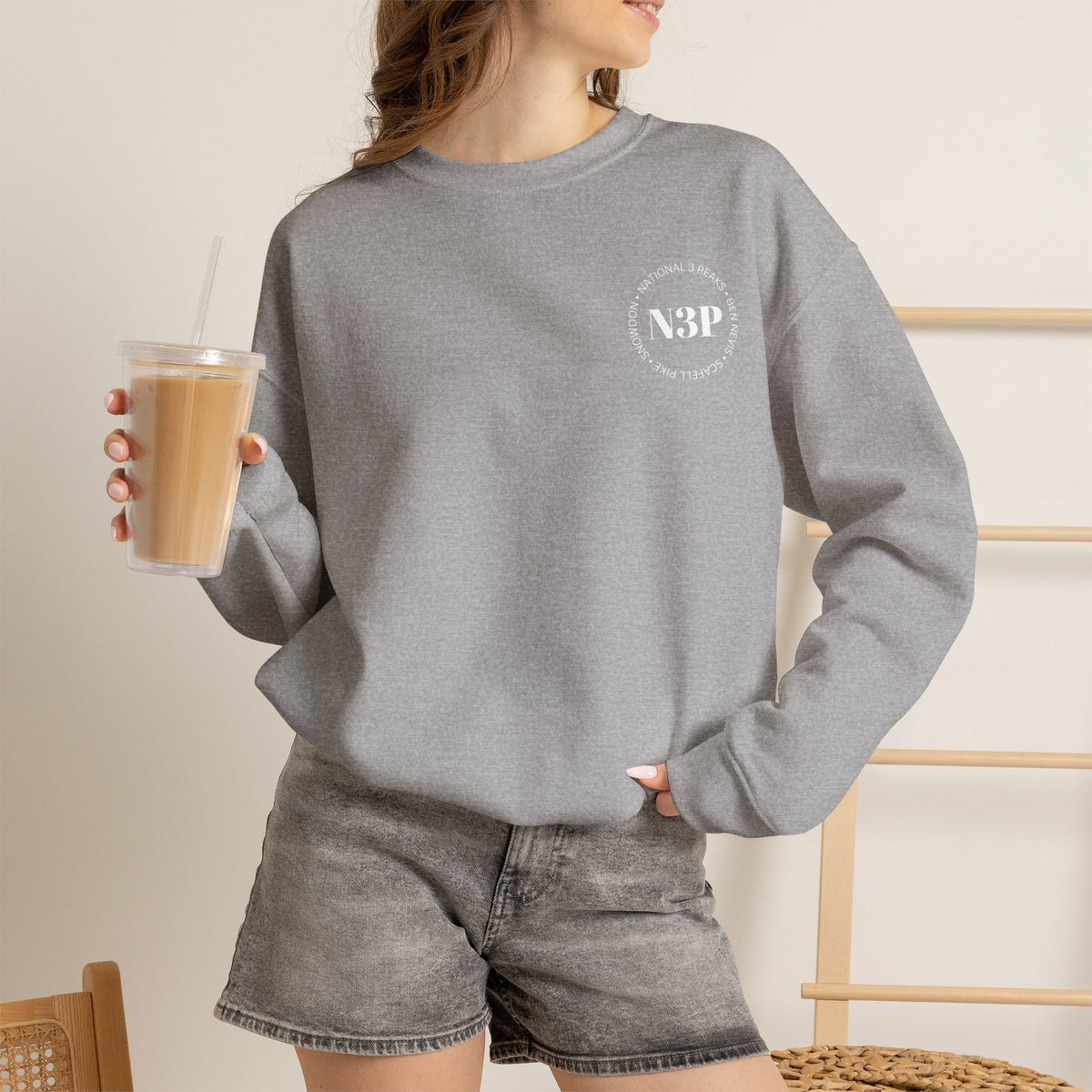 Minimal 'N3P' National 3 Peaks Logo Crewneck Sweatshirt – Small Chest Emblem, Casual Everyday Pullover