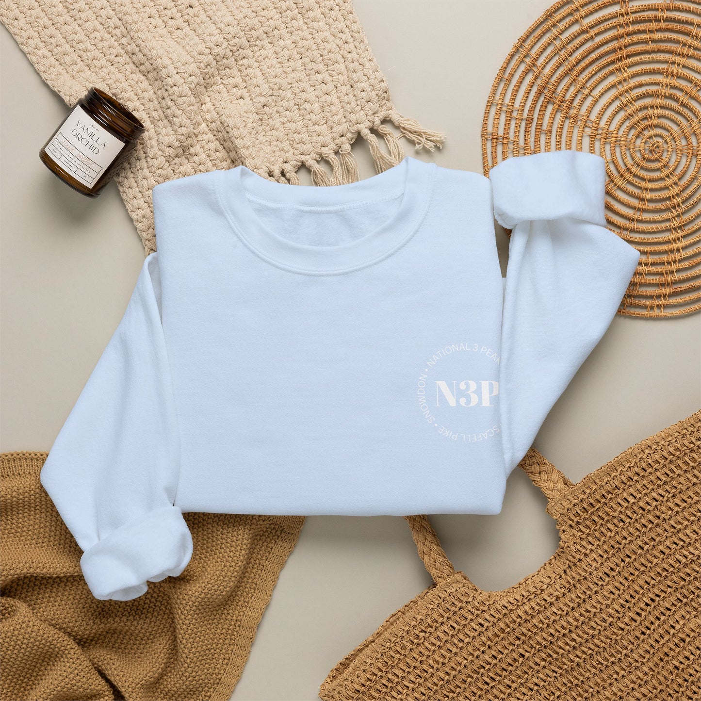 Minimal 'N3P' National 3 Peaks Logo Crewneck Sweatshirt – Small Chest Emblem, Casual Everyday Pullover