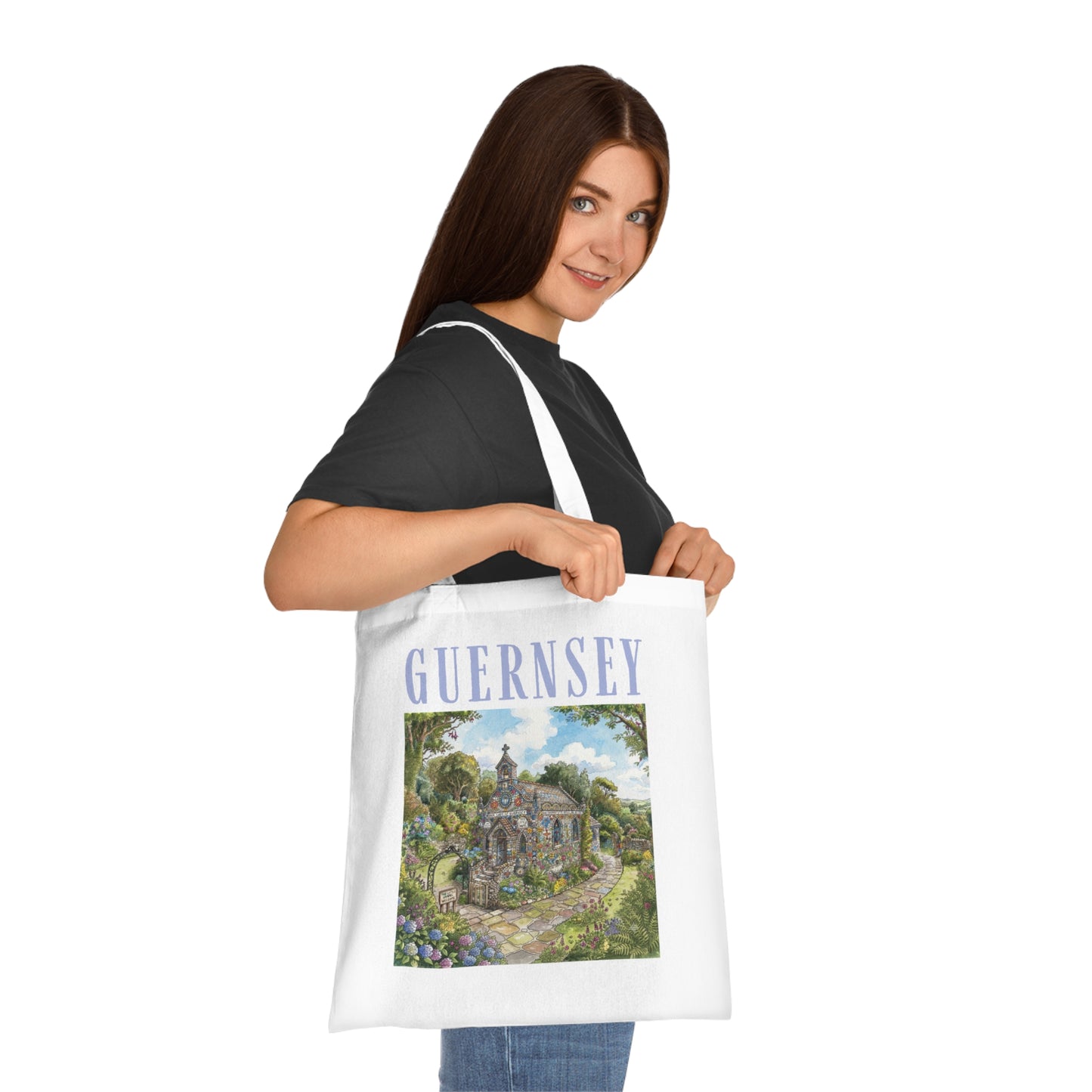 Guernsey Chapel Art Tote - Scenic Island Landscape Cotton Tote Bag