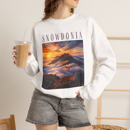 Snowdonia Sunset Crewneck Sweatshirt — Scenic Mountain Graphic