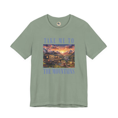 Take Me to the Mountains Sunset Tee — Scenic Cabin Sunset Graphic T-Shirt