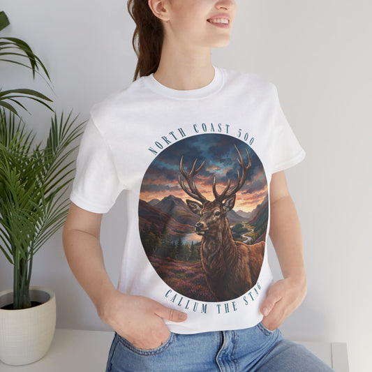 Stag Sunset NC500 Tee — 'Callum The Stag' Mountain Deer Graphic T-Shirt