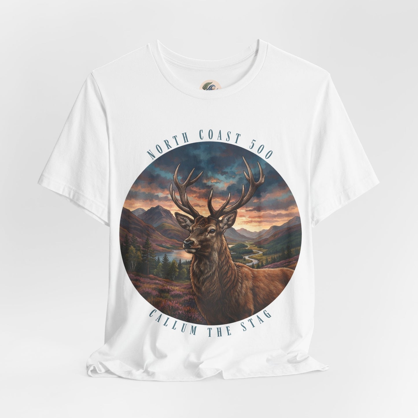 Stag Sunset NC500 Tee — 'Callum The Stag' Mountain Deer Graphic T-Shirt