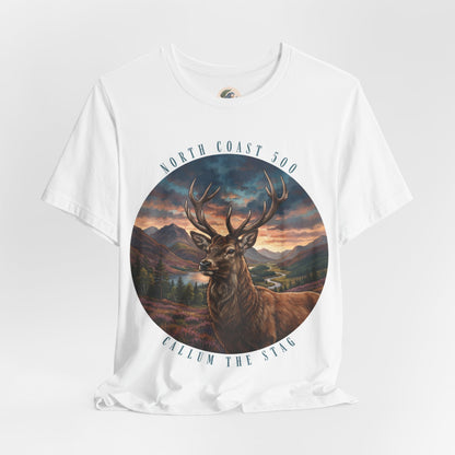 Stag Sunset NC500 Tee — 'Callum The Stag' Mountain Deer Graphic T-Shirt
