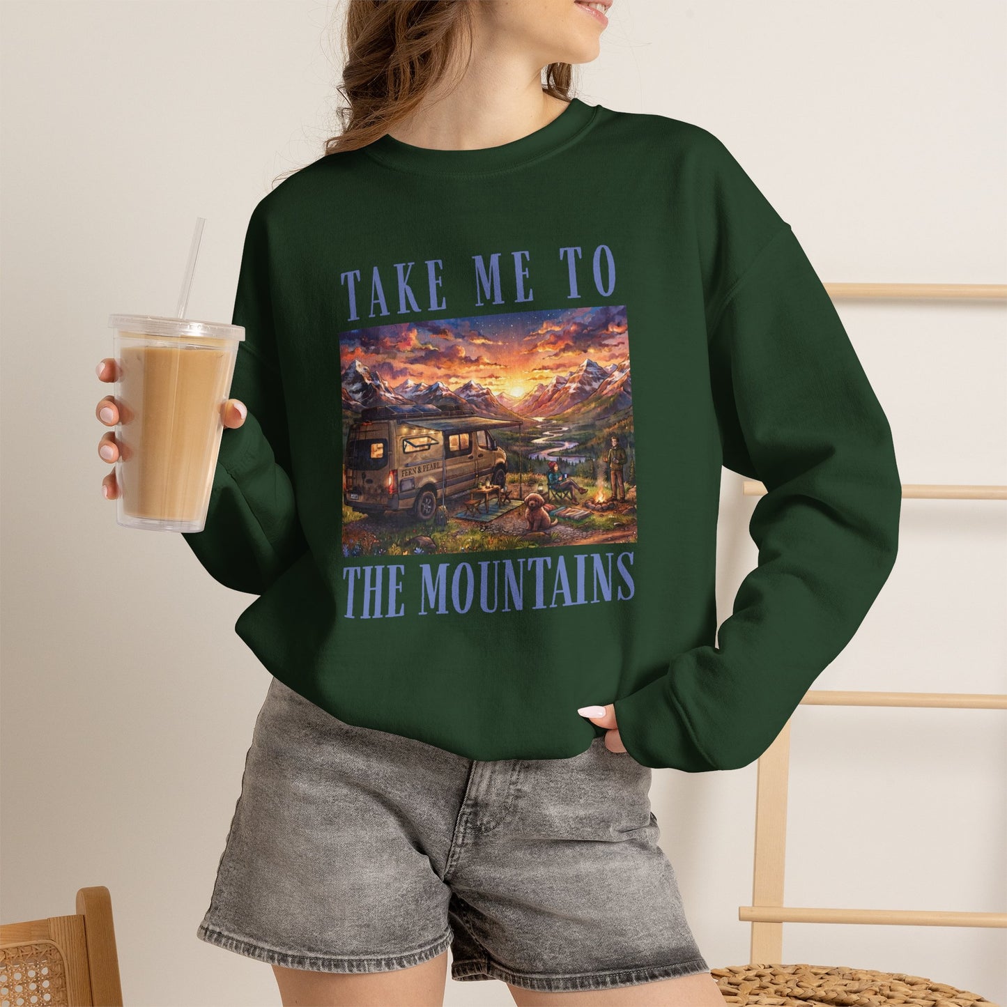 Take Me To The Mountains Sunset Crewneck Sweatshirt — Scenic Cabin Mountain Graphic