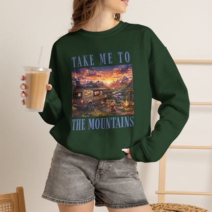 Take Me To The Mountains Sunset Crewneck Sweatshirt — Scenic Cabin Mountain Graphic
