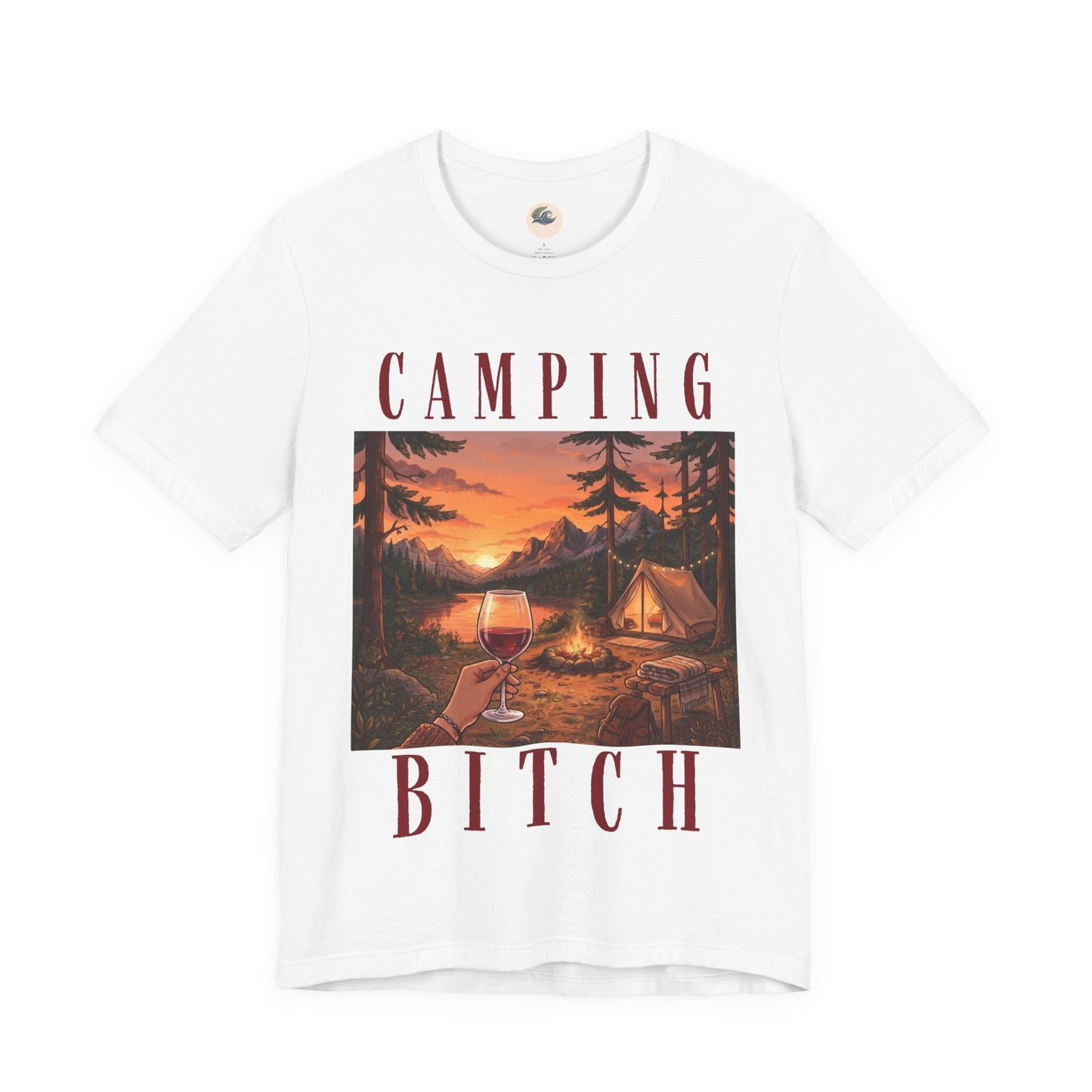 Camping Bitch Tee — Funny Outdoor Camping T-Shirt with Sunset Campfire Design