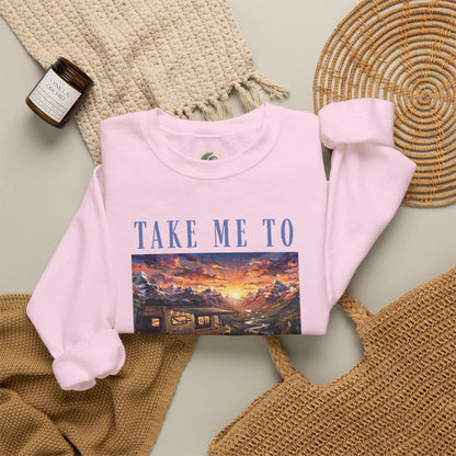 Take Me To The Mountains Sunset Crewneck Sweatshirt — Scenic Cabin Mountain Graphic