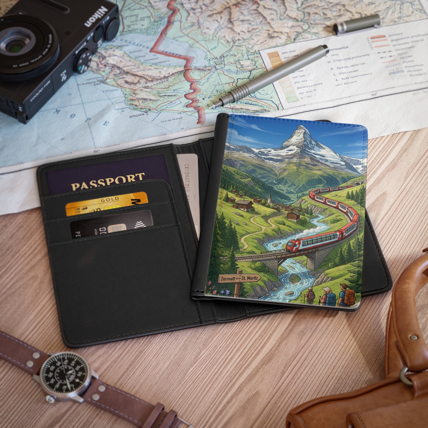 Swiss Alps Train Passport Cover — Illustrated Zermatt Matterhorn Travel Wallet