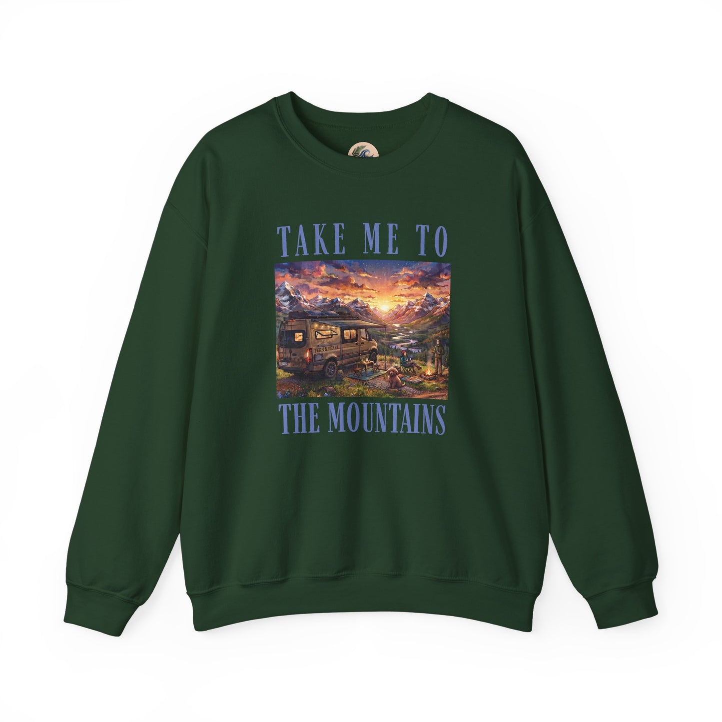 Take Me To The Mountains Sunset Crewneck Sweatshirt — Scenic Cabin Mountain Graphic
