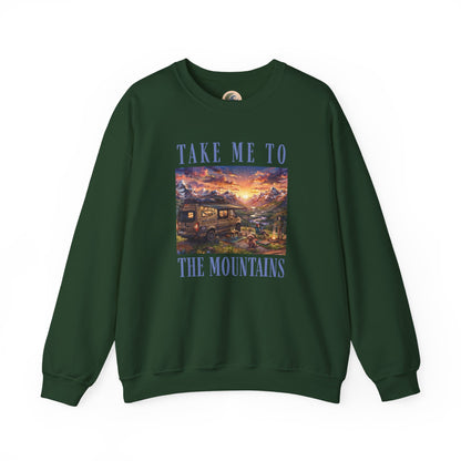 Take Me To The Mountains Sunset Crewneck Sweatshirt — Scenic Cabin Mountain Graphic