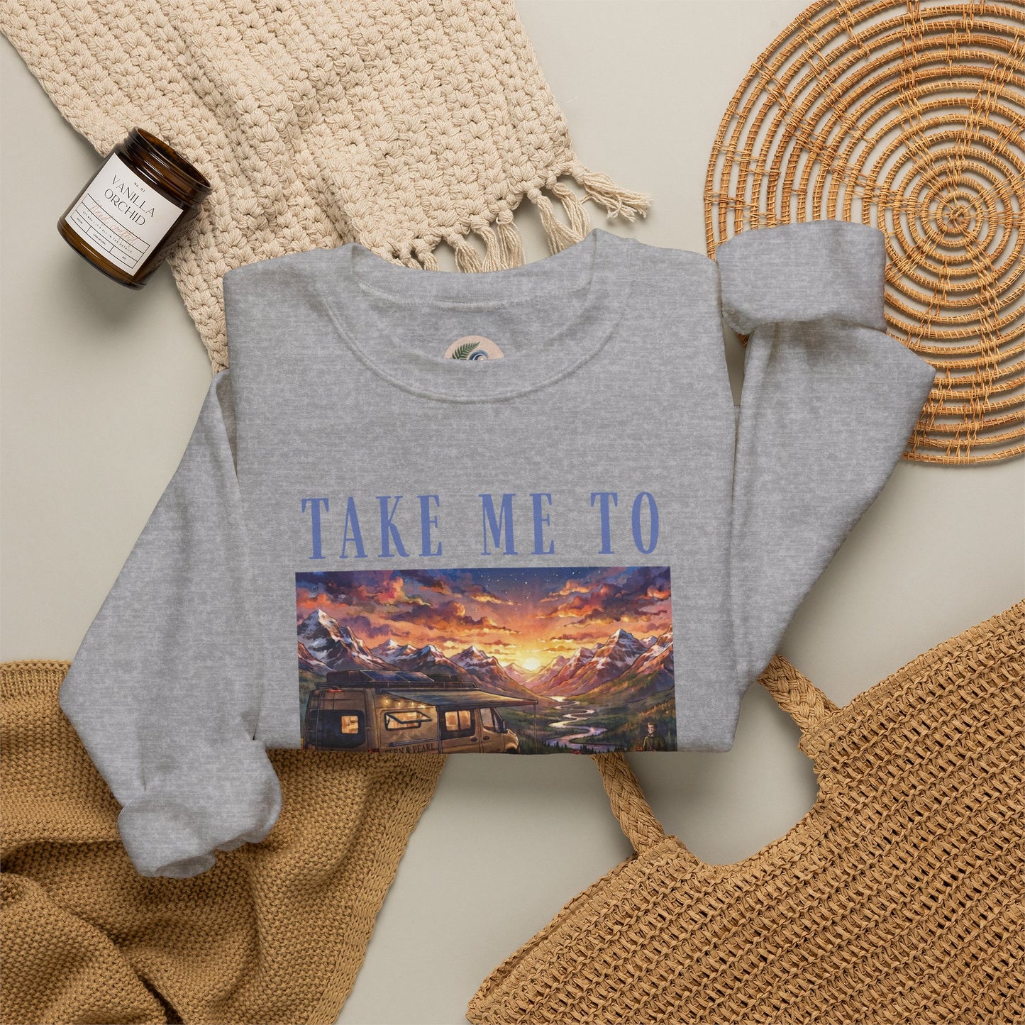 Take Me To The Mountains Sunset Crewneck Sweatshirt — Scenic Cabin Mountain Graphic
