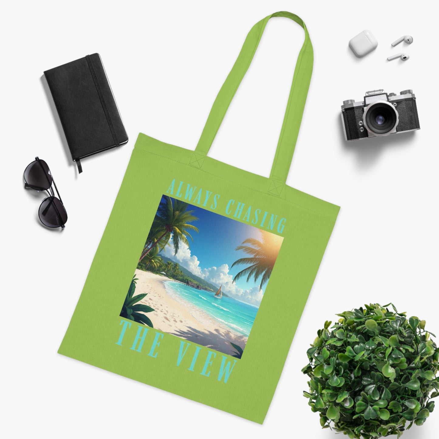 Railay Beach Tote Bag – "Always Chasing the View" Tropical Cotton Tote