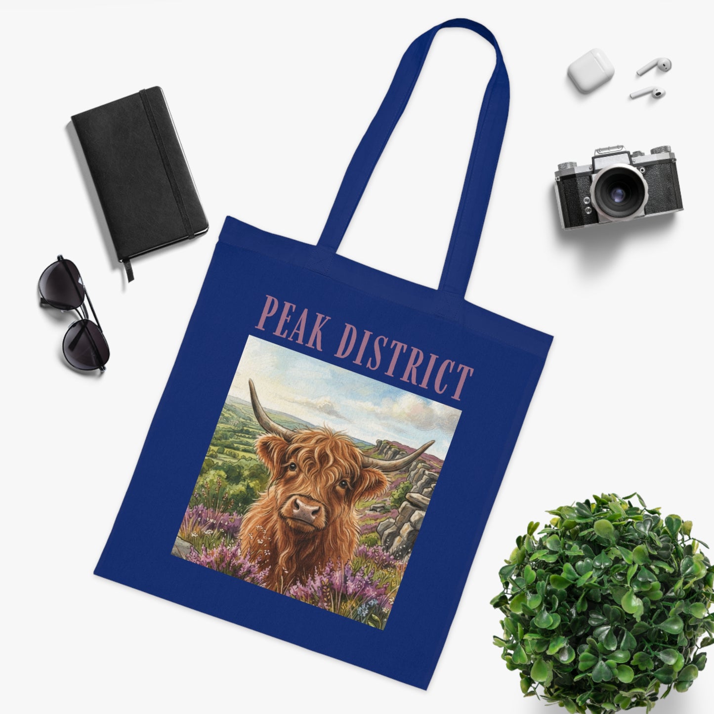 Peak District Highland Cow Tote Bag – Scenic Cotton Shopper with 'Peak District' Text