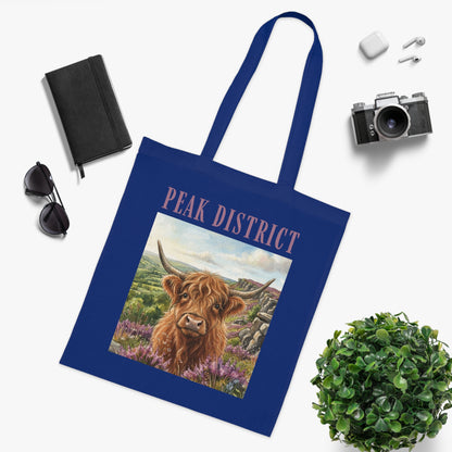 Peak District Highland Cow Tote Bag – Scenic Cotton Shopper with 'Peak District' Text
