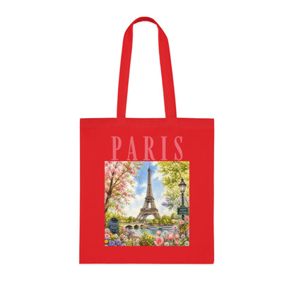 Paris Floral Tote Bag — Eiffel Tower Springtime Canvas Cotton Tote